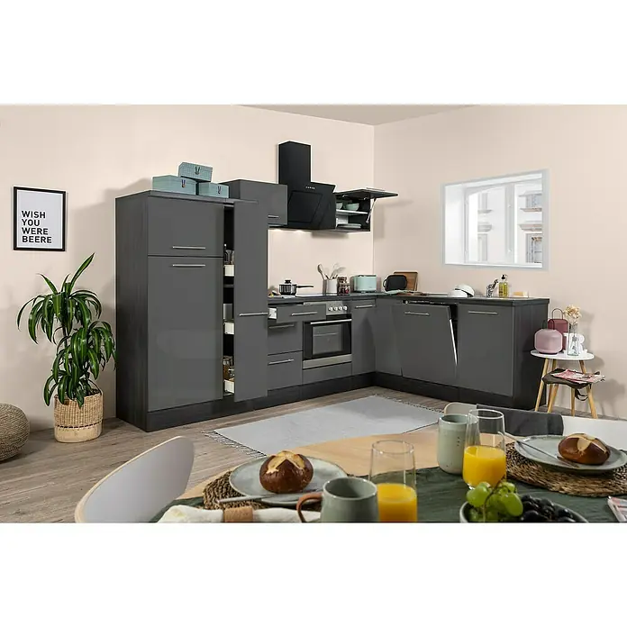 Respekta Premium Winkelküche RP290EGCBO - B x T: 290 x 200 cm, Grau, Mit Elektrogeräten - Graue Küche mit modernen Geräten und einer gemütlichen Essecke, ideal für Familien und Hobbyköche, die Wert auf Stil und Funktionalität legen.