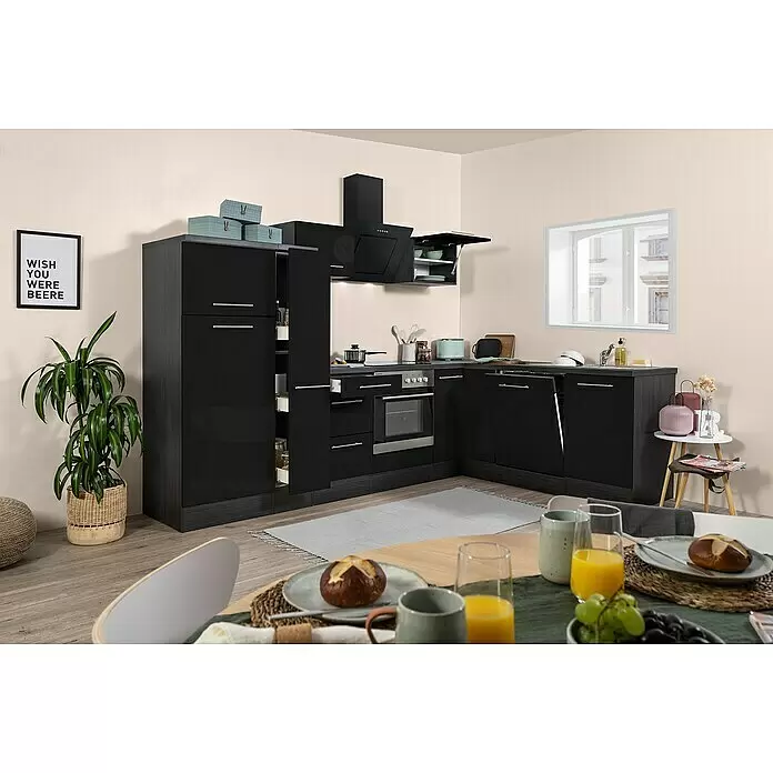 Respekta Premium Winkelküche RP290ESCBO - B x T: 290 x 200 cm, Schwarz, Mit Elektrogeräten - Stimmungsaufnahme