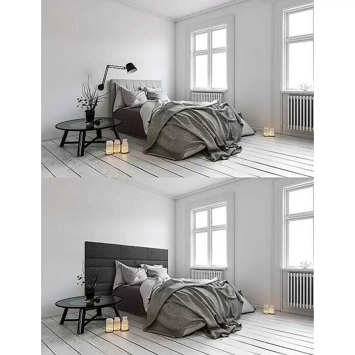 Fllow Wandpolster Velvet - Anthrazit, L x B: 90 x 15 cm - Gepolsterte Bettkopfteile in hellgrau gesteppter und dunkelgrau getäfelter Ausführung, in einem hellen Schlafzimmer.