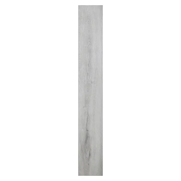 Suelo vinílico SPC Arabia - 1.220 x 180 x 5,5 mm, Gris, Resistente al agua - Un panel sencillo y alargado con una atractiva textura de grano de madera gris claro, perfecto para interiores modernos.