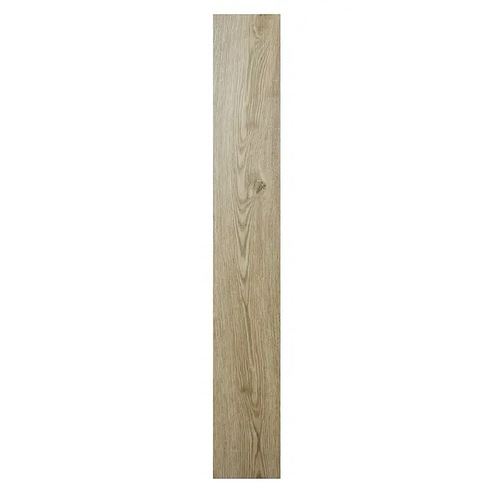 Suelo vinílico SPC Arica - 1.220 x 180 x 5,5 mm, Marrón, Resistente al agua - Primer plano de una sola tabla de madera marrón claro con grano sutil y detalle de nudo.