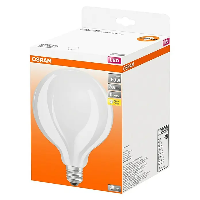 Osram Star LED-Lampe Vintage Globe-Form E27 - E27, Nicht Dimmbar, Warmweiß, 806 lm, 7 W - Nahaufnahme der LED-Lampe OSRAM LED STAR CLASSIC GLOBE125, die mit ihrer Energieeffizienz und warmweißen Lichtfarbe überzeugt.