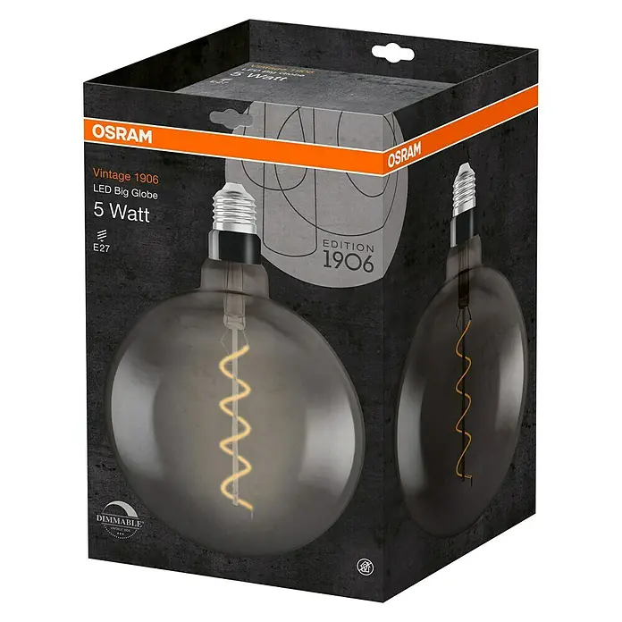 Osram Bombilla LED - E27, Intensidad regulable, Blanco cálido, 150 lm, 4 W, Color: Claro/Negro, Globo - Primer plano del embalaje de una bombilla LED Osram Vintage 1906 Big Globe de 5 vatios, que promete una luz cálida y regulable.