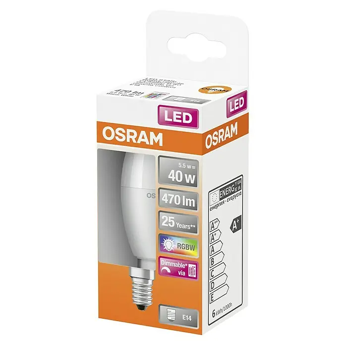 Osram Star Bombilla LED RGBW - E14, Intensidad regulable, RGBW, 250 lm, 5,5 W - Imagen del producto: Bombilla LED OSRAM, base E14, 5.5W (equivalente a 40W), RGBW, regulable, clase energética A+ para iluminación ambiental.