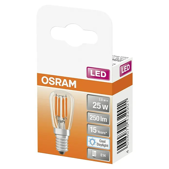 Osram Star LED-Lampe Spezial - E14, Nicht Dimmbar, Tageslichtweiß, 250 lm, 2,8 W - Produktbild einer OSRAM LED Lampe mit 2,8W, die 25W entspricht, 250lm Lichtstrom, 15 Jahre Lebensdauer und E14 Sockel.