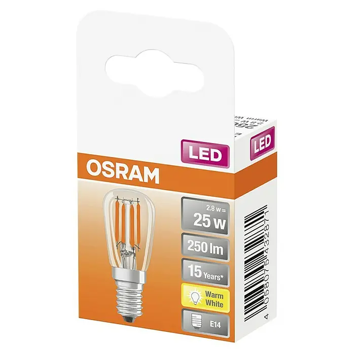 Osram Bombilla LED Special - E14, No regulable, Blanco cálido, 250 lm, 2,8 W - Primer plano del embalaje de una bombilla LED OSRAM con base E14 que emite luz blanca cálida y una vida útil de 15 años.