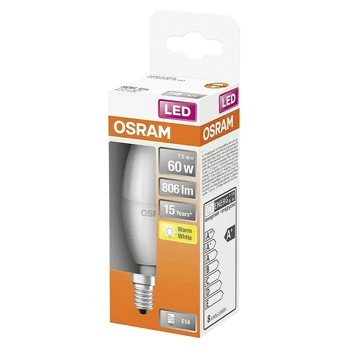 Osram Star Bombilla LED Classic B 60 - E14, No regulable, Blanco cálido, 806 lm, 7,5 W - Primer plano de una lámpara LED OSRAM, que muestra una solución de iluminación energéticamente eficiente y duradera.