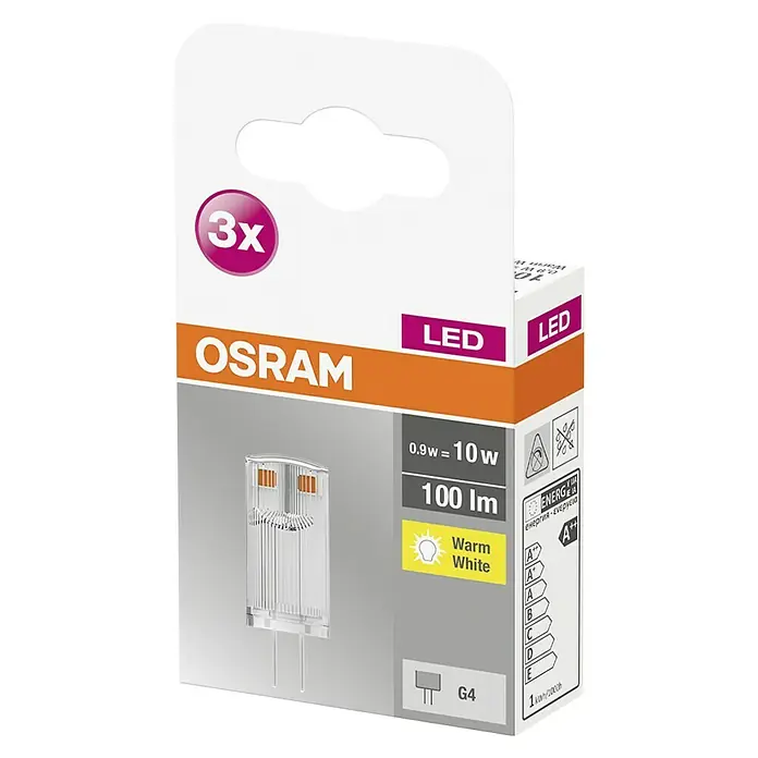 Osram Star LED-Lampen Set Pin G4 MR16 - G4, Nicht Dimmbar, Warmweiß, 100 lm, 0,9 W, 3 Stk. - Nahaufnahme der Verpackung von Osram LED-Lampen, die drei G4-LED-Lampen mit warmweißem Licht und geringem Energieverbrauch zeigt.