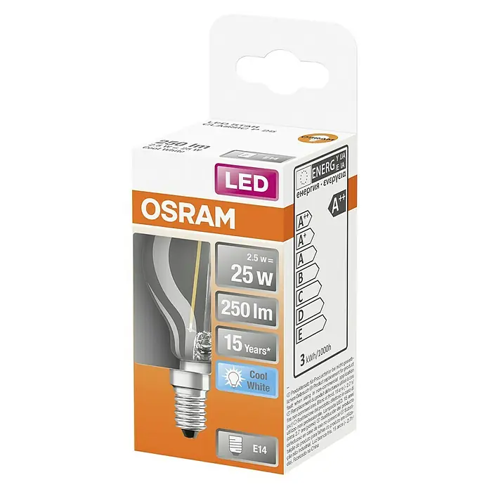 Osram Retrofit LED-Lampe Tropfenform E14 klar - E14, Nicht Dimmbar, Kaltweiß, 250 lm, 2,5 W - Verpackung einer OSRAM LED-Lampe, 2,5W, 25W-Äquivalent, 250 Lumen, 15 Jahre Lebensdauer, kaltweißes Licht, E14-Sockel und Energieklasse A++.