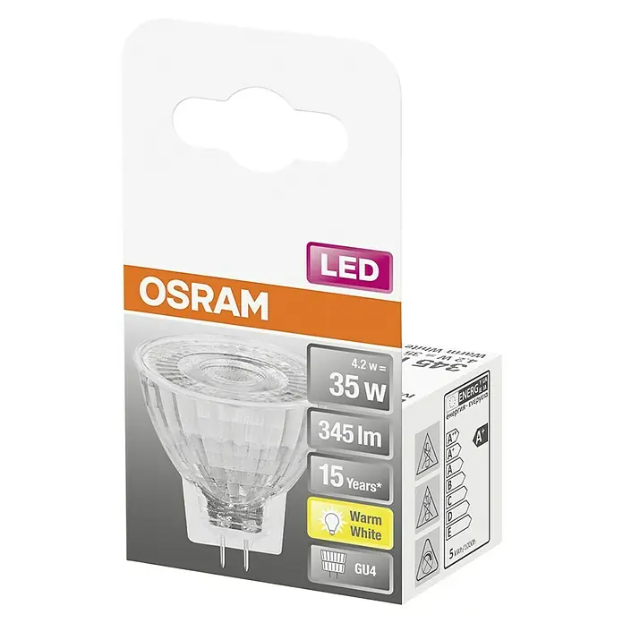 Osram Star Bombilla LED - GU4, No regulable, Blanco cálido, 345 lm, 3,5 W - Imagen de una lámpara LED Osram, 4.2W, 345 lúmenes, blanco cálido, con base GU4 y una vida útil de 15 años.