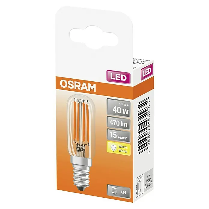 Osram Bombilla LED Special T26 - E14, No regulable, Blanco cálido, 470 lm, 4 W - Una bombilla LED Osram en su embalaje, mostrando información sobre la potencia, la luminosidad y la vida útil.