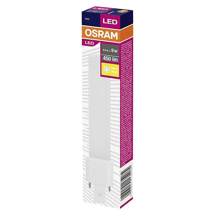 Osram Dulux S LED-Lampe - G23, Nicht Dimmbar, Warmweiß, 450 lm, 4,5 W - Nahaufnahme einer OSRAM LED-Lampe G23, 4,5 W, die ein warmweißes Licht mit 450 Lumen erzeugt. Ideal für stimmungsvolle Beleuchtung.