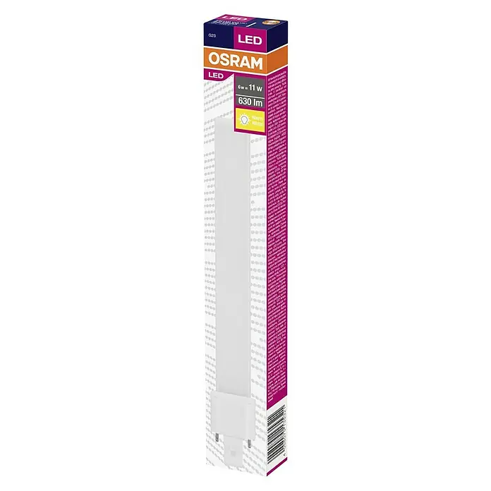 Osram Dulux S LED-Lampe - G23, Nicht Dimmbar, Warmweiß, 630 lm, 6 W - Aufnahme einer LED-Lampe von Osram, die in ihrer Verpackung präsentiert wird. Die Verpackung zeigt Details wie Leistung und Lichtstärke.
