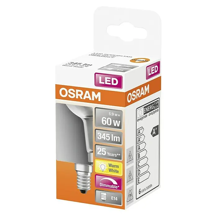 Osram Superstar Bombilla LED R50 - E14, Intensidad regulable, Blanco cálido, 345 lm, 5,9 W - Primer plano del empaque de una lámpara LED OSRAM, destacando la eficiencia energética y la capacidad de atenuación.