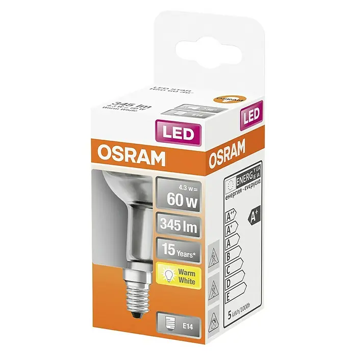 Osram Star Bombilla LED R50 - E14, No regulable, Blanco cálido, 345 lm, 4,3 W - Primer plano de una bombilla LED OSRAM en su embalaje, destacando información sobre potencia, brillo y vida útil.