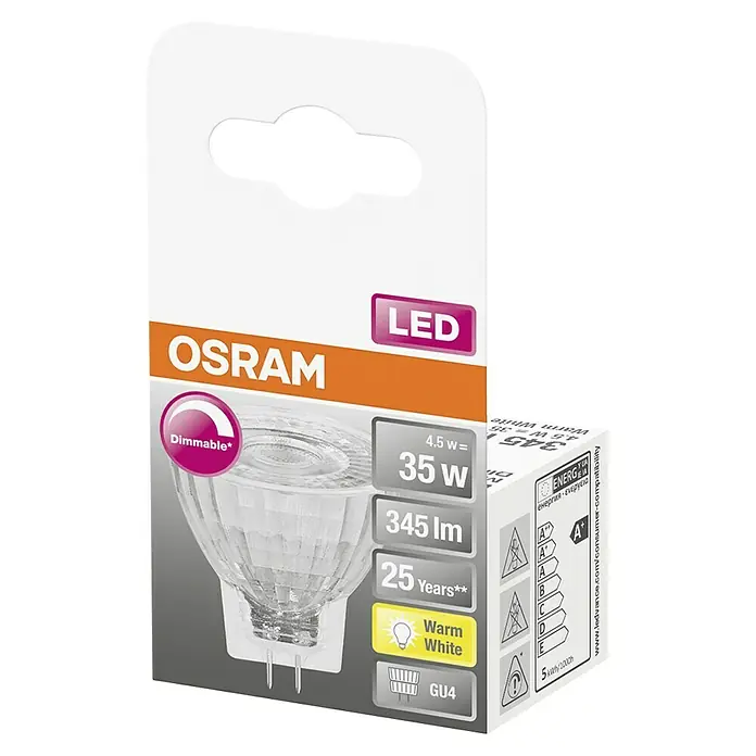 Osram Superstar LED-Lampe MR 11 Dimmable - GU4, Dimmbar, Warmweiß, 345 lm, 4,5 W - Produktverpackung einer dimmbaren OSRAM LED Lampe mit GU4 Sockel, 4.5W Leistung, 345 Lumen Lichtstrom und warmweißem Licht.
