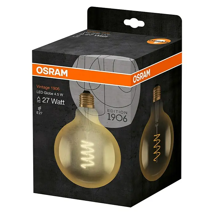 Osram Bombilla LED - E27, No regulable, Blanco cálido, 250 lm, 5 W, G125 - Foto del producto: Una bombilla LED Globe 4.5W Vintage 1906 de Osram que promete luz cálida y un toque de nostalgia con su diseño clásico.