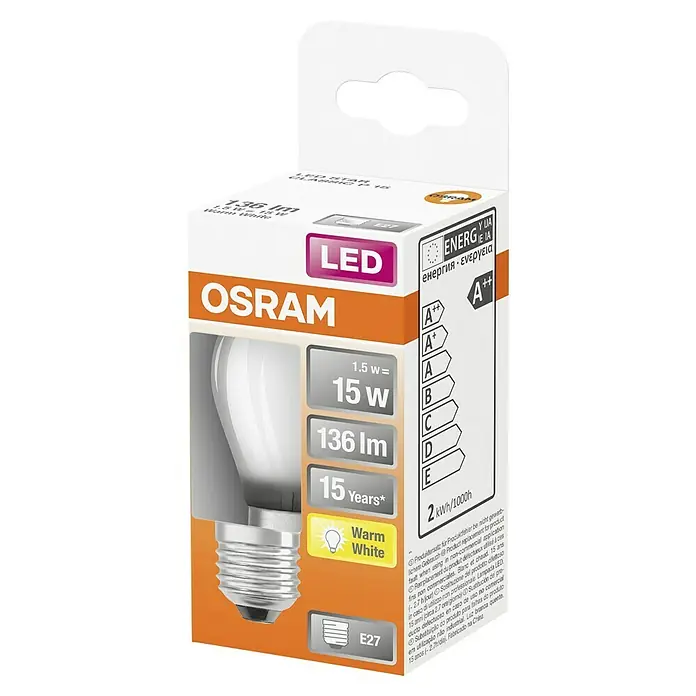 Osram Superstar LED-Lampe CLP15 - E27, Nicht Dimmbar, Warmweiß, 136 lm, 1,5 W - Verpackung einer OSRAM LED-Lampe, 1,5W, 136 Lumen, 15 Jahre Lebensdauer, warmweißes Licht, E27 Sockel und Energieeffizienzklasse A++.
