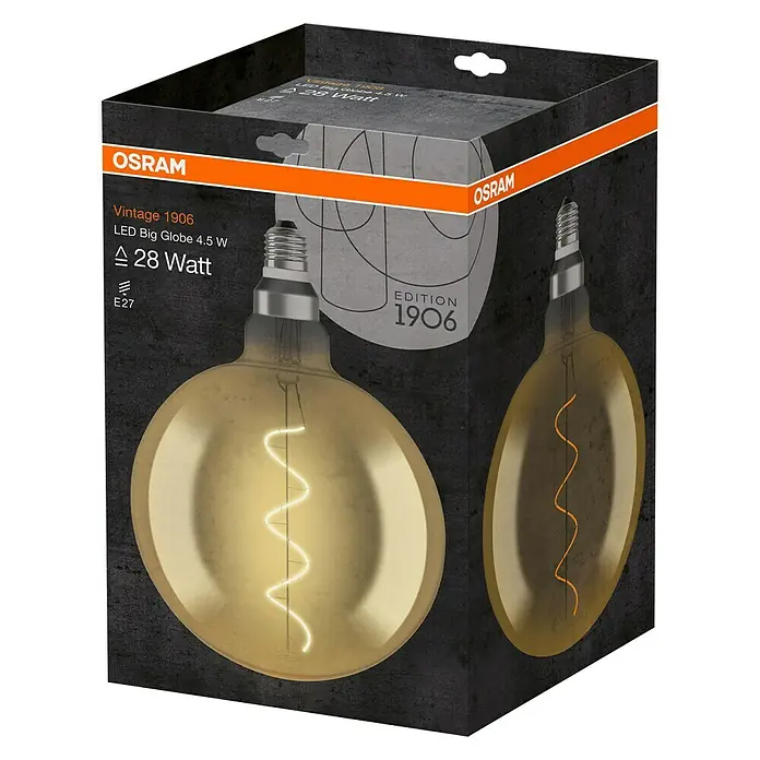 Osram Bombilla LED - E27, No regulable, Blanco cálido, 300 lm, 4 W, Color: Oro, Globo - Primer plano del paquete de una bombilla OSRAM Vintage 1906 LED Big Globe 4.5W, que promete una luz cálida y nostálgica.