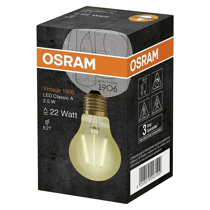 Osram LED-Lampe Vintage Edition 1906 Glühlampenform E27 - E27, Nicht Dimmbar, Warmweiß, 220 lm, 2,5 W - Abbildung einer OSRAM Vintage 1906 LED Classic A 2,5 W Lampe mit 22 Watt, E27 Sockel, verpackt in einem dekorativen Karton.