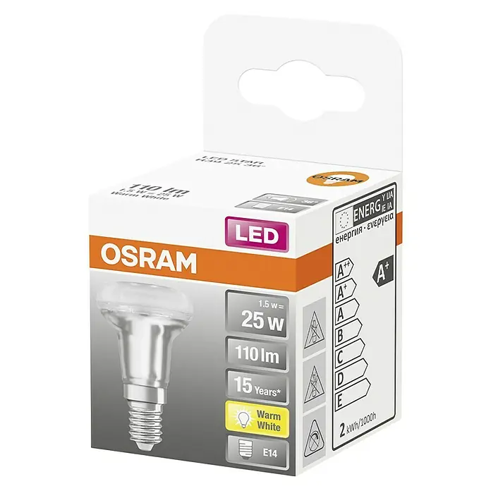 Osram Star LED-Lampe Reflektor R39 - E14, Nicht Dimmbar, Warmweiß, 110 lm, 1,5 W - Nahaufnahme der Verpackung einer OSRAM LED Lampe mit Produktdetails wie Leistung und Energieeffizienz.
