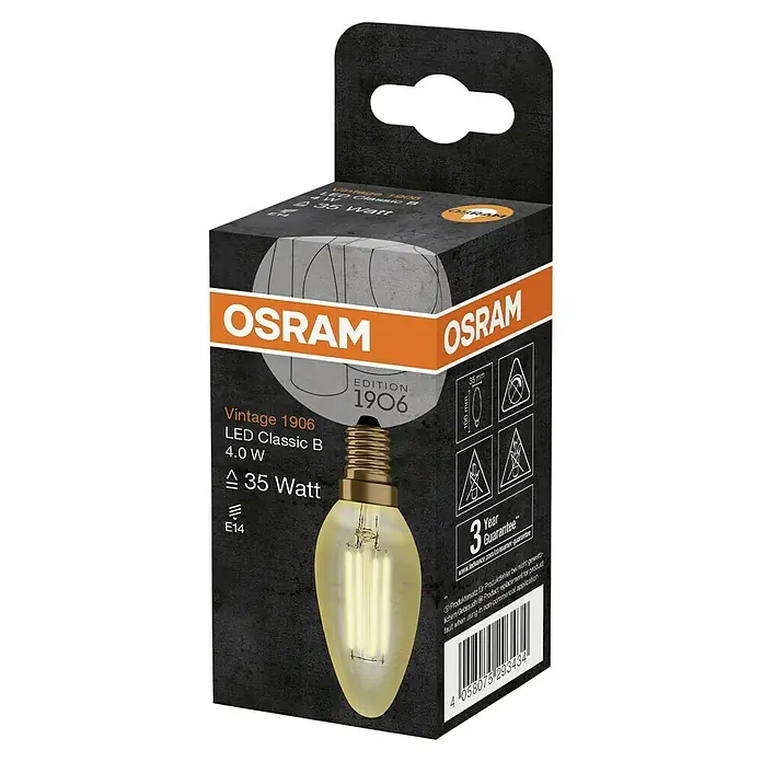 Osram LED-Lampe Vintage Edition 1906 Tropfenform E14 - E14, Nicht Dimmbar, Warmweiß, 410 lm, 4 W - Abbildung einer Osram Vintage 1906 LED Classic B Lampe (4.0 W, entspricht 35 Watt) in ihrer Verkaufsverpackung.