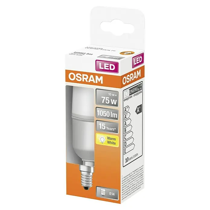 Osram Star Bombilla LED Stick - E14, No regulable, Blanco cálido, 1.050 lm, 10 W - Paquete de una bombilla LED OSRAM. 10W, equivalente a 75W, 1050 lúmenes, blanco cálido, base E14 y vida útil de 15 años.