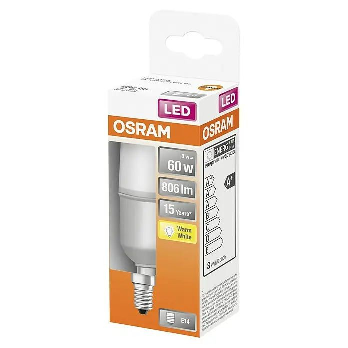 Osram Star Bombilla LED Stick - E14, No regulable, Blanco cálido, 806 lm, 8 W - Imagen de una lámpara LED OSRAM, 8W, equivalente a 60W, 806 lúmenes, blanco cálido, base E14, con eficiencia energética A+ y larga vida útil.