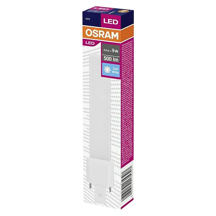 Osram Dulux S LED-Lampe - G23, Nicht Dimmbar, Kaltweiß, 500 lm, 4,5 W - Nahaufnahme einer Osram LED-Lampe G23, 4.5W entspricht 9W, die ein kühles, weißes Licht mit 500 Lumen erzeugt.
