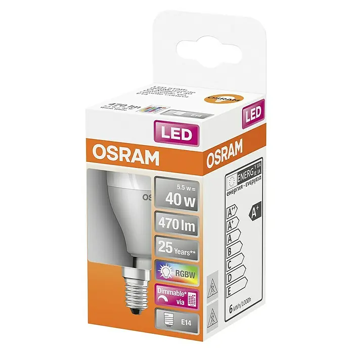 Osram Star LED-Lampe CLP40 - E14, Dimmbar, RGBW, 470 lm, 5,5 W - Ein Osram LED Leuchtmittel in der Verpackung. Das Leuchtmittel hat 5,5W, erzeugt 470 Lumen und ist dimmbar. Sockel E14.