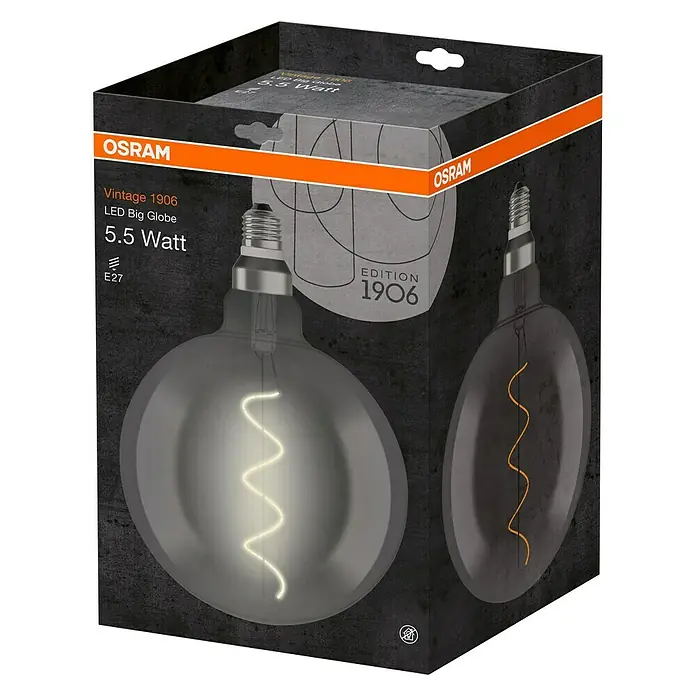 Osram Bombilla LED - E27, No regulable, Blanco cálido, 150 lm, 4 W, Color: Claro/Negro, Globo - Embalaje del producto de una bombilla LED Osram Vintage 1906 Big Globe de 5,5 vatios.