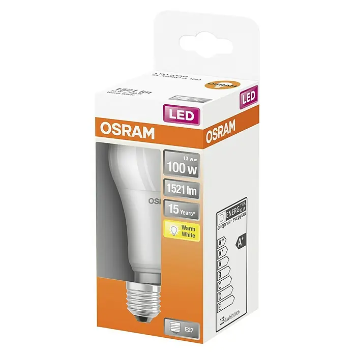 Osram Star Bombilla LED Classic A 100 - E27, No regulable, Blanco cálido, 1.521 lm, 13 W - Imagen del producto: Bombilla LED OSRAM, 13W, equivalente a 100W, 1521 Lúmenes, blanco cálido, base E27 y eficiencia energética A+, iluminación ambiental cálida.