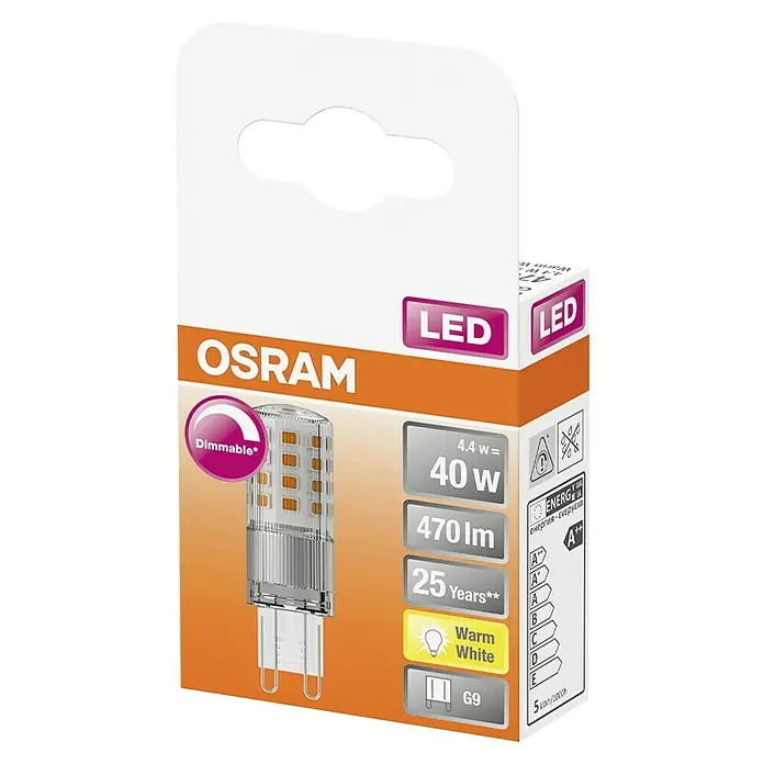 Osram Bombilla LED Pin G9 - G9, Intensidad regulable, Blanco cálido, 470 lm, 4,4 W - Primer plano del embalaje de una bombilla LED Osram, que es regulable, consume 4,4 W pero equivale a 40 W y proporciona 470 lm.