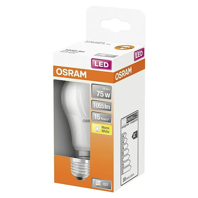 Osram Star Bombilla LED Classic A 75 - E27, No regulable, Blanco cálido, 1.055 lm, 10 W - Imagen del producto de una lámpara LED Osram, blanco cálido, con 10W de potencia y base E27, empaquetada en una caja de venta con clase de eficiencia energética A+.
