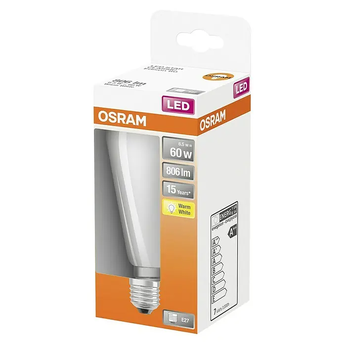Osram Bombilla LED Classic - E27, No regulable, Blanco cálido, 730 lm, 6,5 W - Bombilla LED Osram en su embalaje original. Bombilla de bajo consumo con larga vida útil y luz blanca cálida para un ambiente agradable.