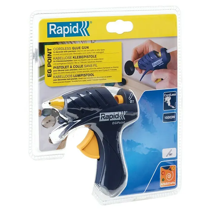 Rapid Pistola termoencoladora EG Point - Diámetro cartucho de cola: 7 mm, 80 W - Imagen de una pistola de pegamento inalámbrica Rapid EG Point en su embalaje, ideal para manualidades, ofrece comodidad.