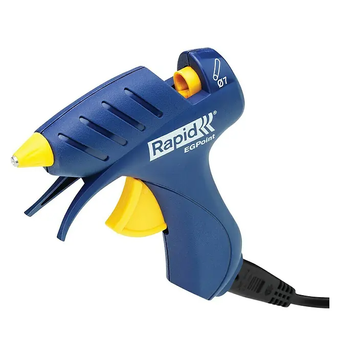 Rapid Pistola termoencoladora EG Point - Diámetro cartucho de cola: 7 mm, 80 W - Primer plano de una pistola de pegamento azul Rapid EGPoint, con detalles amarillos y cable de alimentación.