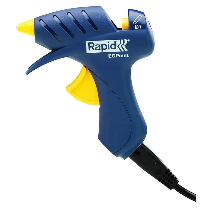 Rapid Pistola termoencoladora EG Point - Diámetro cartucho de cola: 7 mm, 80 W - Imagen de una pistola de pegamento azul Rapid EGPoint con gatillo y boquilla amarillos.