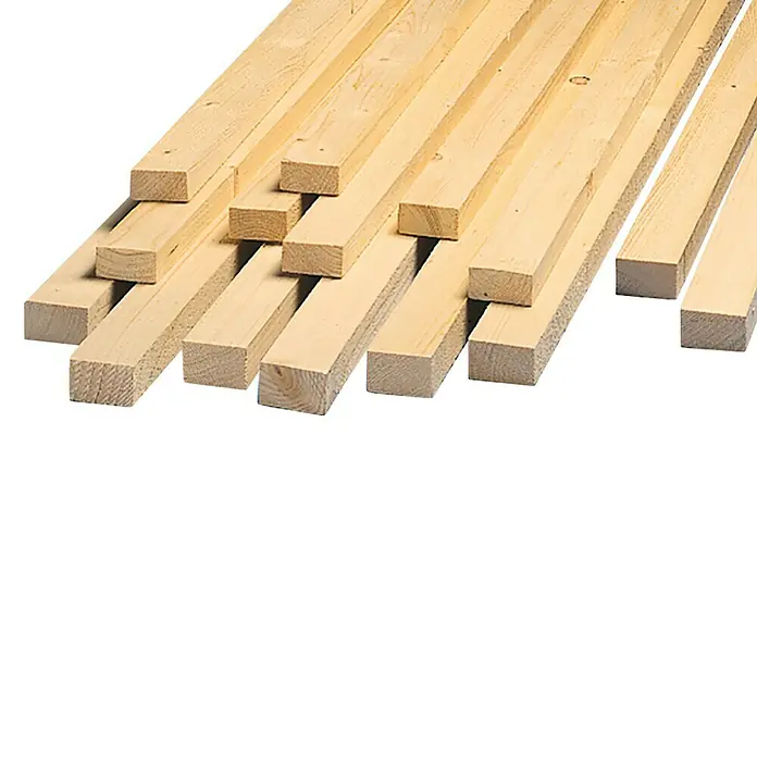 Listón para construcción - 200 x 4,8 x 2,4 cm, Abeto rojo - Pila de listones de madera sin tratar, ideales para proyectos de construcción y manualidades. Se aprecia la veta de la madera.
