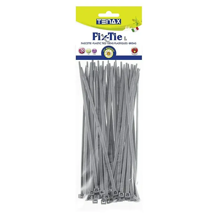 Set de bridas para cables - Gris - Un paquete de bridas Tenax Fix-Tie, talla L, ideales para aplicaciones versátiles en interiores y exteriores.