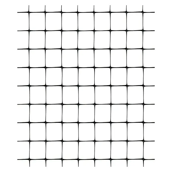 Tenax Schutzgitter Cintoflex M - 100 x 0,1 m, Schwarz - Nahaufnahme eines quadratischen Grillrosts aus glänzendem Metall mit gleichmäßigen Abständen auf schwarzem Hintergrund.