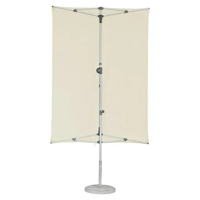 Suncomfort Parasol de balcón Flex Roof - Crudo, 210 x 150 cm, Aluminio - Primer plano de una sombrilla rectangular con estructura plateada y toldo color crema, sobre una base gris.