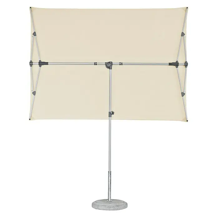 Suncomfort Parasol de balcón Flex Roof - Crudo, 210 x 150 cm, Aluminio - Una sombrilla rectangular de color arena con una estructura metálica plateada resistente y una base gris diseñada para uso en exteriores.