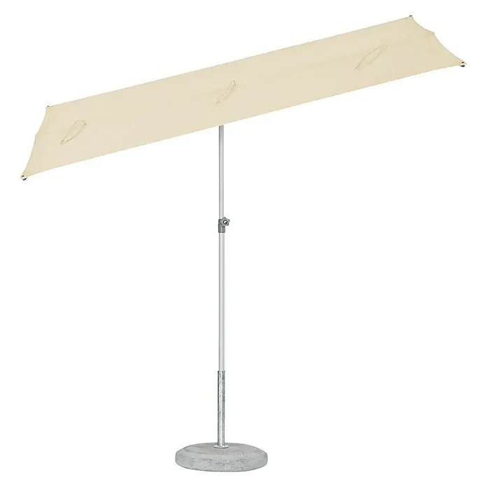 Suncomfort Parasol de balcón Flex Roof - Crudo, 210 x 150 cm, Aluminio - Una sombrilla rectangular color crema sobre un soporte plateado robusto con base redonda de hormigón ofrece una protección solar fiable.
