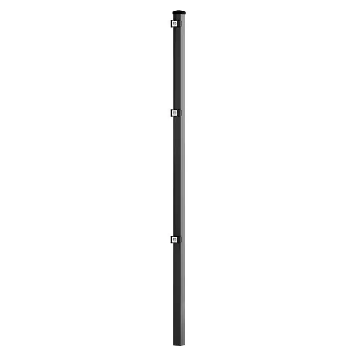 Zaunpfosten - Länge: 1.750 mm, Anthrazit, Metall - Nahaufnahme einer grauen Säule mit befestigten quadratischen Elementen, die ein strukturiertes, modernes Design aufweisen.