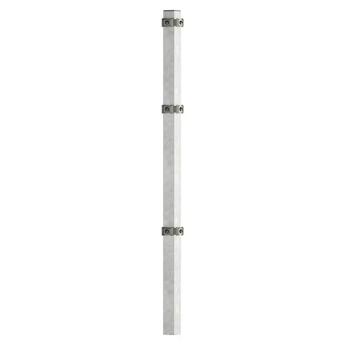 Eckpfosten - Höhe: 175 cm, Silber - Nahaufnahme einer sechseckigen Säule aus Beton, die mit Metallhalterungen befestigt ist und einen industriellen Look verleiht.