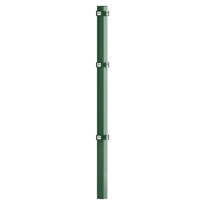 Eckpfosten - Höhe: 175 cm, Durchmesser: 60 mm, Grün, Metall - Pfosten mit Halterungen: Ein grüner Pfosten, der durch drei silberne Halterungen stabilisiert wird, bietet soliden Halt.