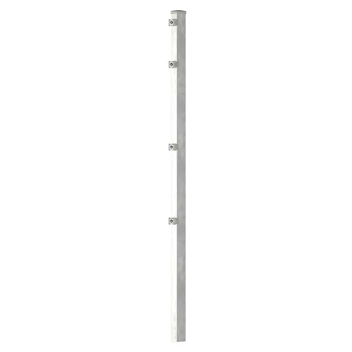 Zaunpfosten - Höhe: 160 cm, Silber, Metall - Nahaufnahme einer silbernen Pfostenstütze mit vier Befestigungspunkten, die für Stabilität und Halt sorgen.\n
