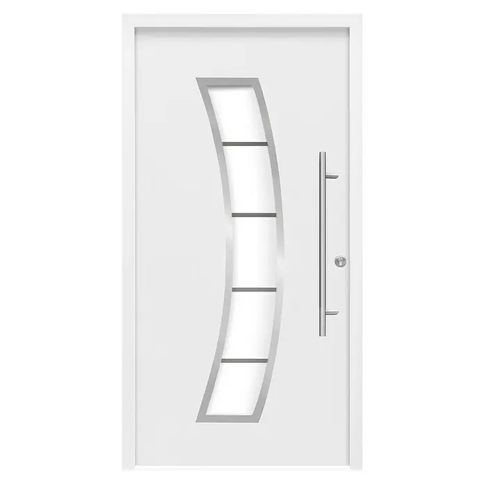 Splendoor Haustür Thermodoor PLUS SP10 - 110 x 210 cm, DIN Anschlag: Rechts, Verkehrsweiß - Eine moderne, weiße Eingangstür mit einem eleganten, gebogenen Fensterbereich und einem langen, vertikalen Türgriff. Zeitgemäßes Design für stilvolle Hauseingänge.