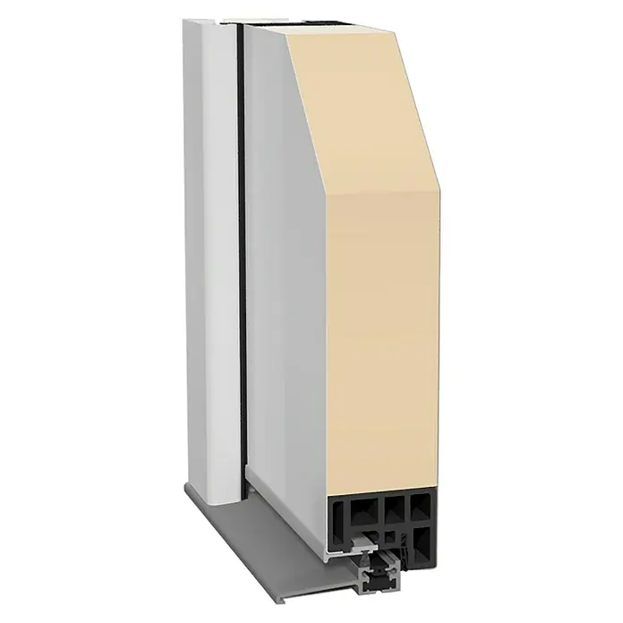Splendoor Haustür Thermodoor PLUS SP10 - 110 x 210 cm, DIN Anschlag: Rechts, Verkehrsweiß - Bild eines Profilschnitts einer Tür oder eines Fensters, der die innere Struktur und die Materialien zeigt. Die Konstruktion umfasst verschiedene Schichten.